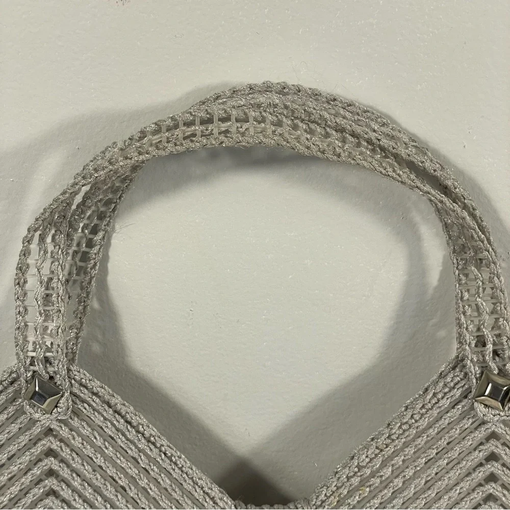 Vintage Handmade Gray Cross Stitch Plastic Canvas Woven Flower Accent Handbag
